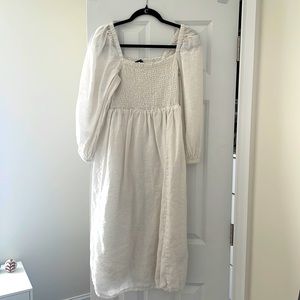 J.Crew linen smocked long sleeves midi dress. Puffed sleeves!